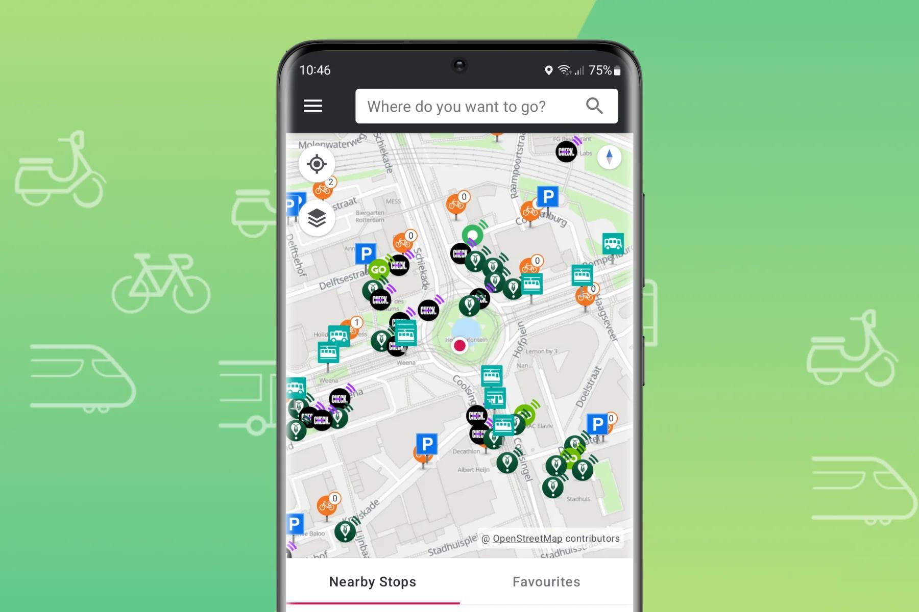 Want to continue travelling and find shared transport near you? Tap 'nearby stops' in the app and discover all the stops, shared transport and stations around you. Continue your trip with a shared bike, scooter or car.